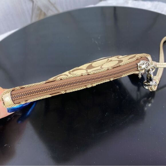 Coach Signature Canvas Leather Wristlet Bag Beige Gold - Picture 3 of 9